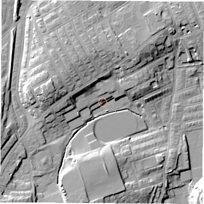 Shaded relief map of the ground around SR27NA, computed from Environment Agency LiDAR. The ground here sits at about 34 m above sea level and falls 19 m across the surrounding 800 m. Surface water reaching this point runs off ground lying to the west-north-west, 14.3 m higher.