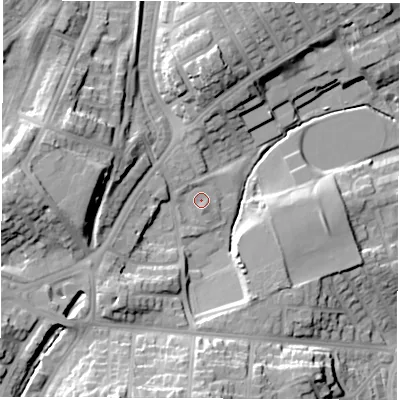 Shaded relief map of the ground around SR27QN, computed from Environment Agency LiDAR. The ground here sits at about 37 m above sea level and falls 22 m across the surrounding 800 m. Surface water reaching this point runs off ground lying to the north-west, 1.1 m higher.