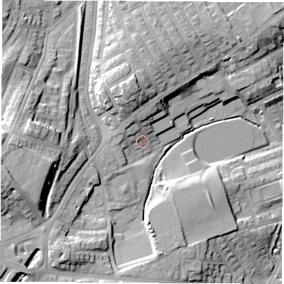 Shaded relief map of the ground around SR27QQ, computed from Environment Agency LiDAR. The ground here sits at about 36 m above sea level and falls 22 m across the surrounding 800 m. Surface water reaching this point runs off ground lying to the north-north-west, 5.4 m higher.