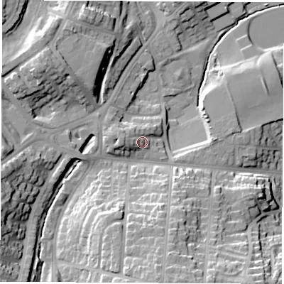 Shaded relief map of the ground around SR27RA, computed from Environment Agency LiDAR. The ground here sits at about 42 m above sea level and falls 28 m across the surrounding 800 m. Surface water reaching this point runs off ground lying to the west, 4.5 m higher.
