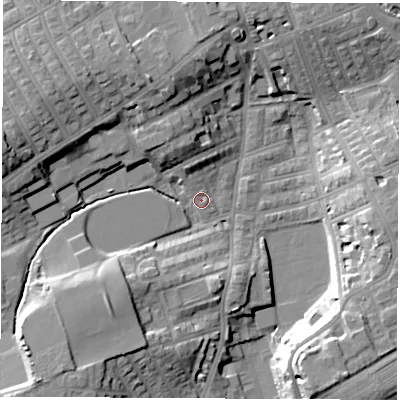 Shaded relief map of the ground around SR27RJ, computed from Environment Agency LiDAR. The ground here sits at about 31 m above sea level and falls 19 m across the surrounding 800 m. Surface water reaching this point runs off ground lying to the west-north-west, 17.0 m higher.