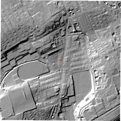 Shaded relief map of the ground around SR27RN, computed from Environment Agency LiDAR. The ground here sits at about 31 m above sea level and falls 17 m across the surrounding 800 m. Surface water reaching this point runs off ground lying to the north, 1.0 m higher.