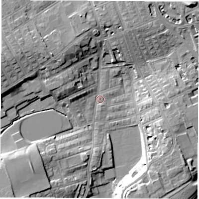 Shaded relief map of the ground around SR27RU, computed from Environment Agency LiDAR. The ground here sits at about 31 m above sea level and falls 18 m across the surrounding 800 m. Surface water reaching this point runs off ground lying to the north-west, 11.6 m higher.
