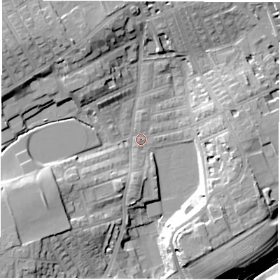 Shaded relief map of the ground around SR27RX, computed from Environment Agency LiDAR. The ground here sits at about 31 m above sea level and falls 22 m across the surrounding 800 m. Surface water reaching this point runs off ground lying to the west-north-west, 15.1 m higher.