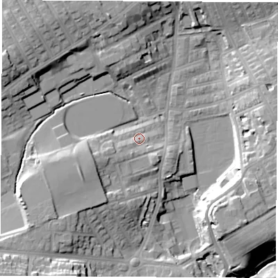 Shaded relief map of the ground around SR27SA, computed from Environment Agency LiDAR. The ground here sits at about 34 m above sea level and falls 23 m across the surrounding 800 m. Surface water reaching this point runs off ground lying to the south-west, 3.0 m higher.