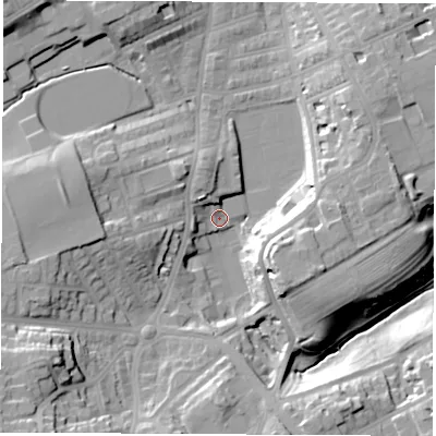 Shaded relief map of the ground around SR27SL, computed from Environment Agency LiDAR. The ground here sits at about 30 m above sea level and falls 26 m across the surrounding 800 m. Surface water reaching this point runs off ground lying to the south-west, 22.5 m higher.