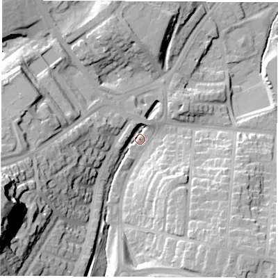 Shaded relief map of the ground around SR31DN, computed from Environment Agency LiDAR. The ground here sits at about 41 m above sea level and falls 56 m across the surrounding 800 m. Surface water reaching this point runs off ground lying to the west-south-west, 50.1 m higher.