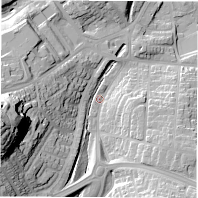 Shaded relief map of the ground around SR31LH, computed from Environment Agency LiDAR. The ground here sits at about 42 m above sea level and falls 61 m across the surrounding 800 m. Surface water reaching this point runs off ground lying to the south-east, 18.7 m higher.