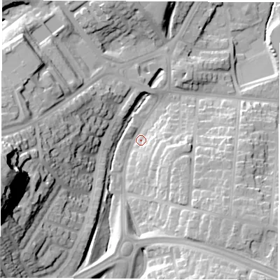 Shaded relief map of the ground around SR31LW, computed from Environment Agency LiDAR. The ground here sits at about 42 m above sea level and falls 55 m across the surrounding 800 m. Surface water reaching this point runs off ground lying to the south-east, 18.7 m higher.