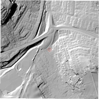 Shaded relief map of the ground around SR31NR, computed from Environment Agency LiDAR. The ground here sits at about 47 m above sea level and falls 55 m across the surrounding 800 m. Surface water reaching this point runs off ground lying to the east-south-east, 33.8 m higher.