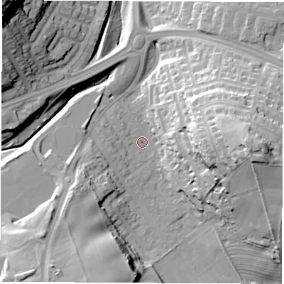 Shaded relief map of the ground around SR31NS, computed from Environment Agency LiDAR. The ground here sits at about 48 m above sea level and falls 44 m across the surrounding 800 m. Surface water reaching this point runs off ground lying to the east, 33.8 m higher.