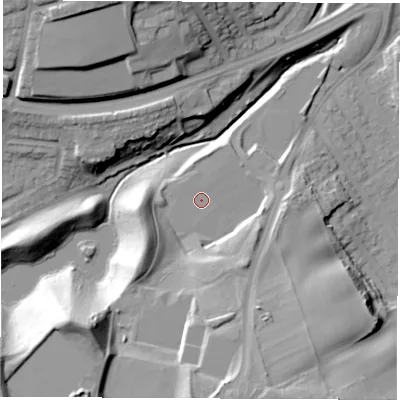 Shaded relief map of the ground around SR31PD, computed from Environment Agency LiDAR. The ground here sits at about 56 m above sea level and falls 32 m across the surrounding 800 m. The ground contributing surface water to this point lies to the north-west.