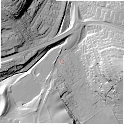 Shaded relief map of the ground around SR31PE, computed from Environment Agency LiDAR. The ground here sits at about 50 m above sea level and falls 54 m across the surrounding 800 m. Surface water reaching this point runs off ground lying to the south-south-west, 17.6 m higher.