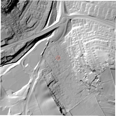 Shaded relief map of the ground around SR31PF, computed from Environment Agency LiDAR. The ground here sits at about 49 m above sea level and falls 48 m across the surrounding 800 m. Surface water reaching this point runs off ground lying to the south-west, 2.2 m higher.