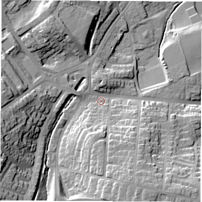 Shaded relief map of the ground around SR31XF, computed from Environment Agency LiDAR. The ground here sits at about 42 m above sea level and falls 28 m across the surrounding 800 m. Surface water reaching this point runs off ground lying to the west-south-west, 22.2 m higher.