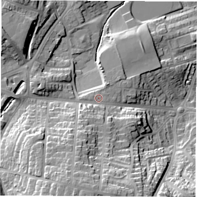 Shaded relief map of the ground around SR31XH, computed from Environment Agency LiDAR. The ground here sits at about 42 m above sea level and falls 29 m across the surrounding 800 m. Surface water reaching this point runs off ground lying to the south-south-west, 11.4 m higher.