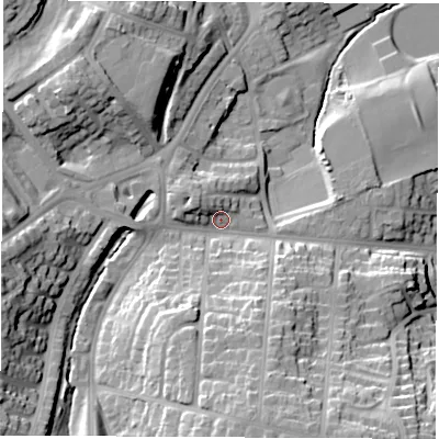 Shaded relief map of the ground around SR31XQ, computed from Environment Agency LiDAR. The ground here sits at about 41 m above sea level and falls 28 m across the surrounding 800 m. Surface water reaching this point runs off ground lying to the south-south-east, 20.6 m higher.