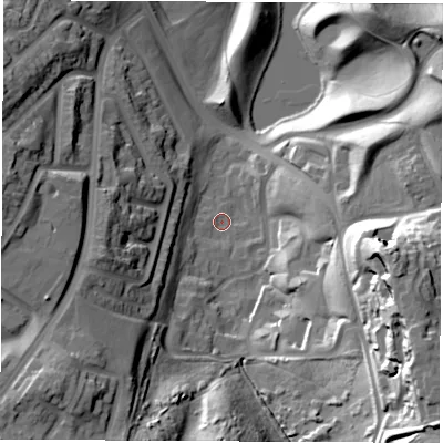 Shaded relief map of the ground around SR33DP, computed from Environment Agency LiDAR. The ground here sits at about 65 m above sea level and falls 43 m across the surrounding 800 m. Surface water reaching this point runs off ground lying to the south-east, 38.6 m higher.