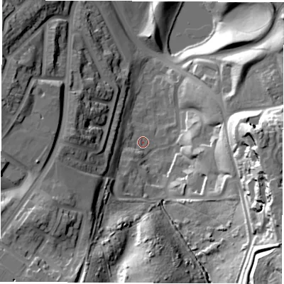Shaded relief map of the ground around SR33DR, computed from Environment Agency LiDAR. The ground here sits at about 66 m above sea level and falls 42 m across the surrounding 800 m. Surface water reaching this point runs off ground lying to the south-west, 19.9 m higher.