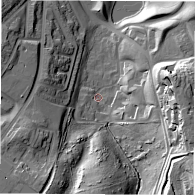 Shaded relief map of the ground around SR33DS, computed from Environment Agency LiDAR. The ground here sits at about 66 m above sea level and falls 42 m across the surrounding 800 m. Surface water reaching this point runs off ground lying to the east-south-east, 37.4 m higher.