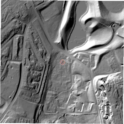 Shaded relief map of the ground around SR33DW, computed from Environment Agency LiDAR. The ground here sits at about 64 m above sea level and falls 44 m across the surrounding 800 m. Surface water reaching this point runs off ground lying to the south-east, 39.3 m higher.
