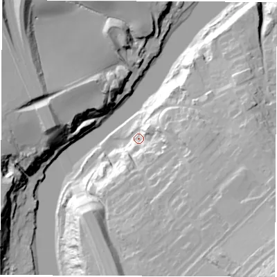 Shaded relief map of the ground around SR40NG, computed from Environment Agency LiDAR. The ground here sits at about 13 m above sea level and falls 57 m across the surrounding 800 m. Surface water reaching this point runs off ground lying to the east-south-east, 28.8 m higher.
