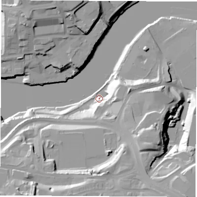 Shaded relief map of the ground around SR46DJ, computed from Environment Agency LiDAR. The ground here sits at about 6 m above sea level and falls 39 m across the surrounding 800 m. Surface water reaching this point runs off ground lying to the east-north-east, 19.6 m higher.