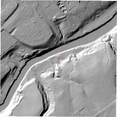 Shaded relief map of the ground around SR49JS, computed from Environment Agency LiDAR. The ground here sits at about 6 m above sea level and falls 41 m across the surrounding 800 m. Surface water reaching this point runs off ground lying to the south-east, 30.5 m higher.