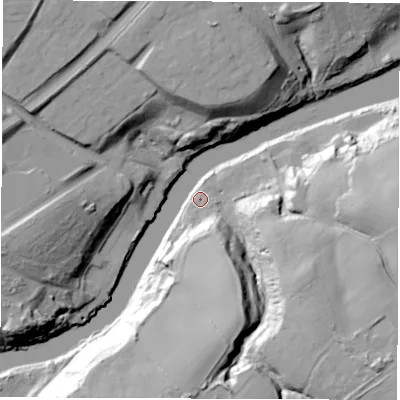 Shaded relief map of the ground around SR49JU, computed from Environment Agency LiDAR. The ground here sits at about 5 m above sea level and falls 40 m across the surrounding 800 m. Surface water reaching this point runs off ground lying to the south-east, 39.9 m higher.