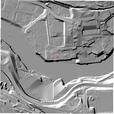 Shaded relief map of the ground around SR52AL, computed from Environment Agency LiDAR. The ground here sits at about 10 m above sea level and falls 41 m across the surrounding 800 m. Surface water reaching this point runs off ground lying to the north-north-east, 2.2 m higher.