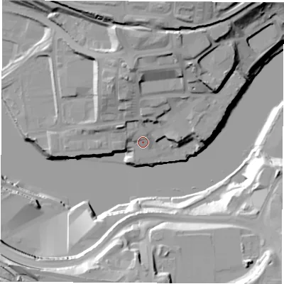 Shaded relief map of the ground around SR52BS, computed from Environment Agency LiDAR. The ground here sits at about 8 m above sea level and falls 40 m across the surrounding 800 m. Surface water reaching this point runs off ground lying to the north, 16.7 m higher.