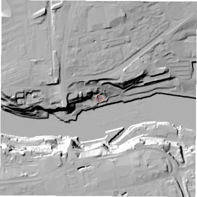 Shaded relief map of the ground around SR60AD, computed from Environment Agency LiDAR. The ground here sits at about 9 m above sea level and falls 35 m across the surrounding 800 m. Surface water reaching this point runs off ground lying to the west, 20.2 m higher.