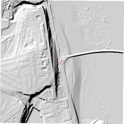 Shaded relief map of the ground around SR60PL, computed from Environment Agency LiDAR. The ground here sits at about 5 m above sea level and falls 24 m across the surrounding 800 m. Surface water reaching this point runs off ground lying to the west, 14.5 m higher.