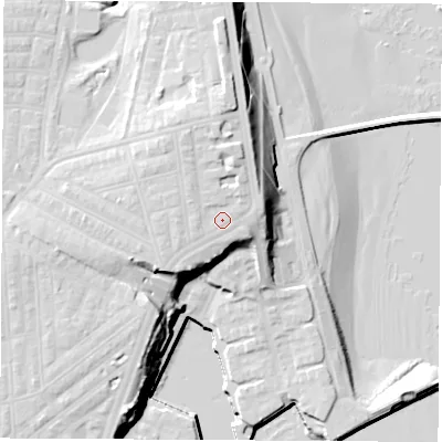Shaded relief map of the ground around SR60PQ, computed from Environment Agency LiDAR. The ground here sits at about 19 m above sea level and falls 24 m across the surrounding 800 m. Surface water reaching this point runs off ground lying to the north-north-west, 2.5 m higher.
