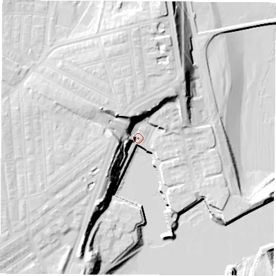Shaded relief map of the ground around SR60PW, computed from Environment Agency LiDAR. The ground here sits at about 5 m above sea level and falls 24 m across the surrounding 800 m. Surface water reaching this point runs off ground lying to the west-north-west, 23.7 m higher.