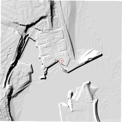 Shaded relief map of the ground around SR60RG, computed from Environment Agency LiDAR. The ground here sits at about 7 m above sea level and falls 24 m across the surrounding 800 m. Surface water reaching this point runs off ground lying to the east-north-east, 9.4 m higher.