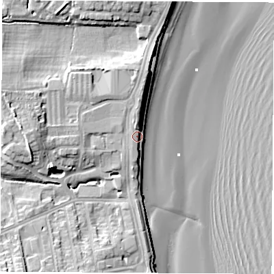 Shaded relief map of the ground around SR68AA, computed from Environment Agency LiDAR. The ground here sits at about 8 m above sea level and falls 17 m across the surrounding 800 m. Surface water reaching this point runs off ground lying to the north, 4.6 m higher.