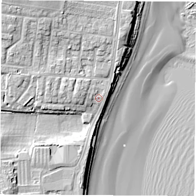 Shaded relief map of the ground around SR68AD, computed from Environment Agency LiDAR. The ground here sits at about 8 m above sea level and falls 16 m across the surrounding 800 m. Surface water reaching this point runs off ground lying to the west-north-west, 1.4 m higher.