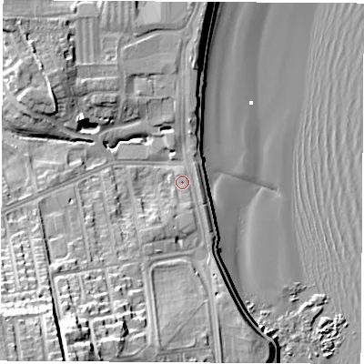 Shaded relief map of the ground around SR68DA, computed from Environment Agency LiDAR. The ground here sits at about 6 m above sea level and falls 32 m across the surrounding 800 m. Surface water reaching this point runs off ground lying to the south-south-west, 23.0 m higher.