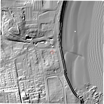 Shaded relief map of the ground around SR68DD, computed from Environment Agency LiDAR. The ground here sits at about 5 m above sea level and falls 32 m across the surrounding 800 m. Surface water reaching this point runs off ground lying to the south-south-west, 23.2 m higher.