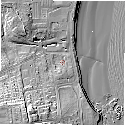 Shaded relief map of the ground around SR68DE, computed from Environment Agency LiDAR. The ground here sits at about 5 m above sea level and falls 33 m across the surrounding 800 m. Surface water reaching this point runs off ground lying to the south-south-west, 24.2 m higher.