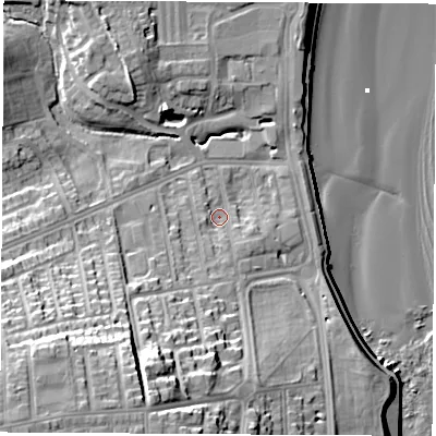 Shaded relief map of the ground around SR68DG, computed from Environment Agency LiDAR. The ground here sits at about 6 m above sea level and falls 34 m across the surrounding 800 m. Surface water reaching this point runs off ground lying to the south-south-west, 24.0 m higher.