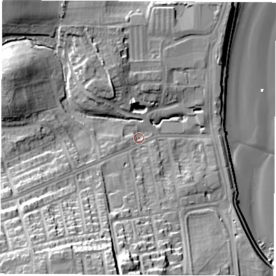 Shaded relief map of the ground around SR68DQ, computed from Environment Agency LiDAR. The ground here sits at about 6 m above sea level and falls 32 m across the surrounding 800 m. Surface water reaching this point runs off ground lying to the south-west, 24.5 m higher.