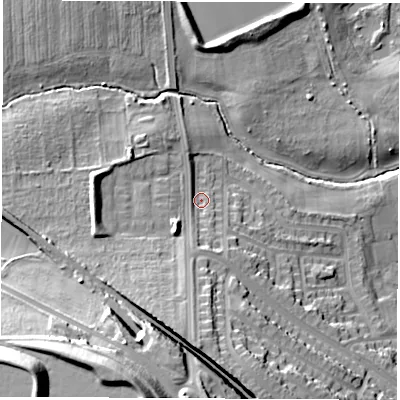 Shaded relief map of the ground around SR68JN, computed from Environment Agency LiDAR. The ground here sits at about 19 m above sea level and falls 41 m across the surrounding 800 m. Surface water reaching this point runs off ground lying to the south, 5.0 m higher.