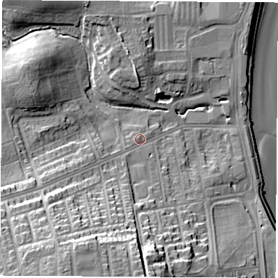 Shaded relief map of the ground around SR68NZ, computed from Environment Agency LiDAR. The ground here sits at about 8 m above sea level and falls 31 m across the surrounding 800 m. Surface water reaching this point runs off ground lying to the south-south-west, 23.9 m higher.