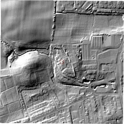 Shaded relief map of the ground around SR68PQ, computed from Environment Agency LiDAR. The ground here sits at about 11 m above sea level and falls 17 m across the surrounding 800 m. Surface water reaching this point runs off ground lying to the south-east, 2.3 m higher.
