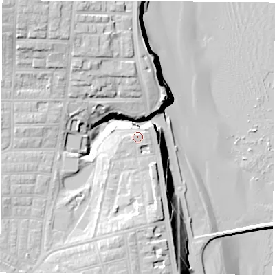 Shaded relief map of the ground around SR69NF, computed from Environment Agency LiDAR. The ground here sits at about 18 m above sea level and falls 32 m across the surrounding 800 m. Surface water reaching this point runs off ground lying to the south-east, 0.7 m higher.