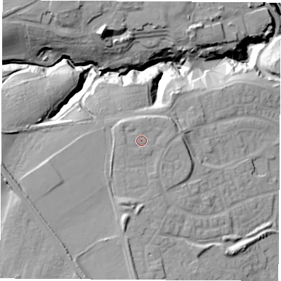 Shaded relief map of the ground around SR77WG, computed from Environment Agency LiDAR. The ground here sits at about 39 m above sea level and falls 44 m across the surrounding 800 m. Surface water reaching this point runs off ground lying to the north-west, 1.3 m higher.