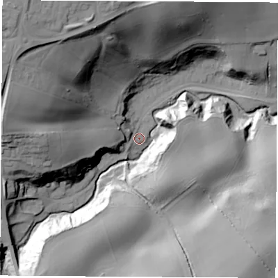 Shaded relief map of the ground around SR78QP, computed from Environment Agency LiDAR. The ground here sits at about 50 m above sea level and falls 59 m across the surrounding 800 m. Surface water reaching this point runs off ground lying to the west, 33.2 m higher.