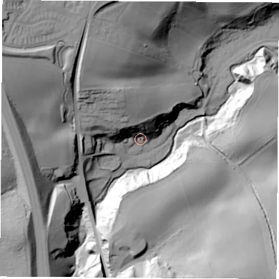 Shaded relief map of the ground around SR78QT, computed from Environment Agency LiDAR. The ground here sits at about 56 m above sea level and falls 60 m across the surrounding 800 m. Surface water reaching this point runs off ground lying to the north-north-west, 29.1 m higher.
